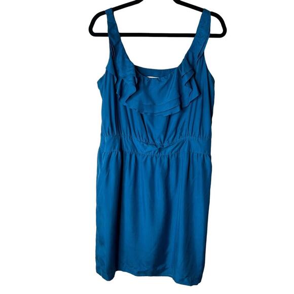 Ann Taylor Loft Dress Women Size 14 Blue Silk Sleeveless Ruffle Mini Fit N Flare - Picture 1 of 12